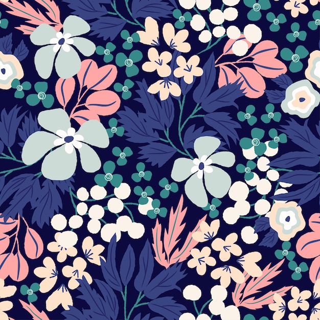 floral navy vector pattern Seamless floral pattern with winter plants