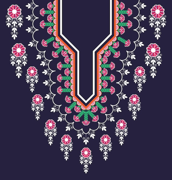 벡터 패션 여성을위한 꽃 목걸이 자수 디자인 아름다운 다채로운 기하학적 민족 동양의 목선 의류 및 랩과 자수 전통적인 꽃 패턴