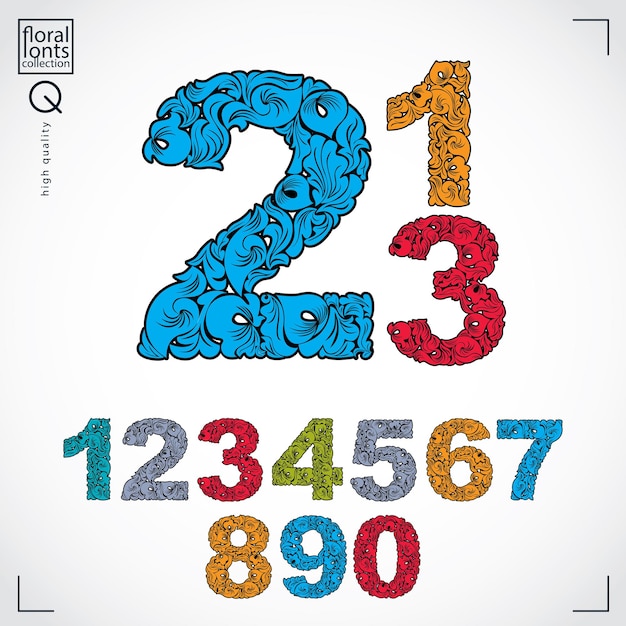 floral numbers drawn using abstract vintage pattern, spring leaves design. colorful vector digits created in natural eco style.