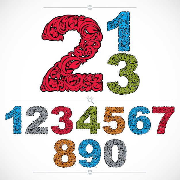 floral numerals, hand-drawn vector numbers decorated with botanical pattern. colorful ornamental numeration, digits made in vintage design.