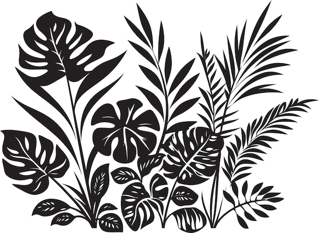 Vettore opulenza floreale simbolo iconico in nero con foglie di piante esotiche tropici lussureggianti logo nero vettoriale
