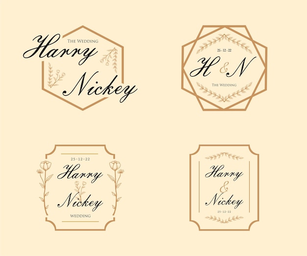 floral organic hand drawn wedding monogram logo collection set