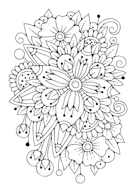 Pagina da colorare di ornamenti floreali. arteterapia per bambini e adulti. sfondo di fiori bianco-nero per la colorazione.