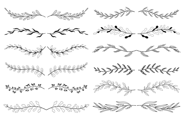 ベクトル 手描きのデザインの葉と小枝の彫刻要素に設定された花の飾りディバイダー