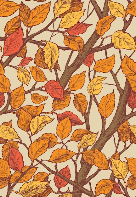 Floral ornament seamless pattern with autumn leaves and brances