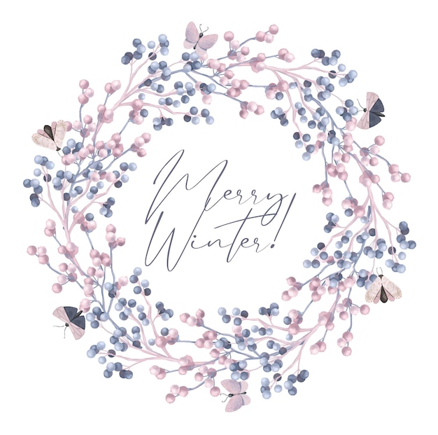 Floral pastel wreath with moths hand drawn illustration on white background