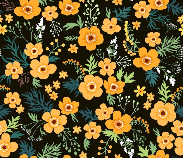 Vector floral pattern. buttercups yellow flowers on black background. seamless vector print. spring bouquet.