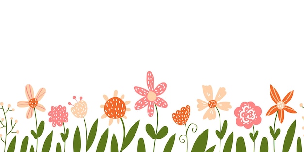 Vector floral pattern in doodle style with flowers and leaves.