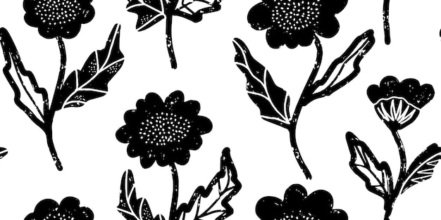 Floral pattern in linocut style minimalism Vector monochrome seamless pattern