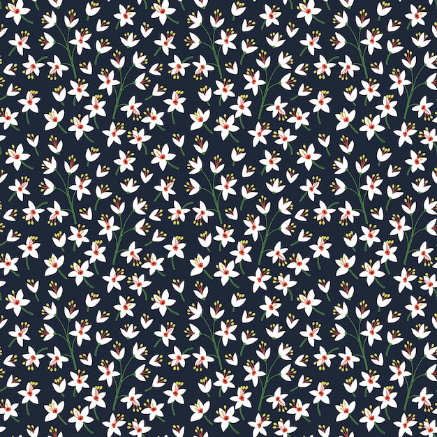 플로랄 패턴. 예쁜 꽃, 진한 파란색 배경. 작은 흰색 꽃으로 인쇄. Ditsy 인쇄