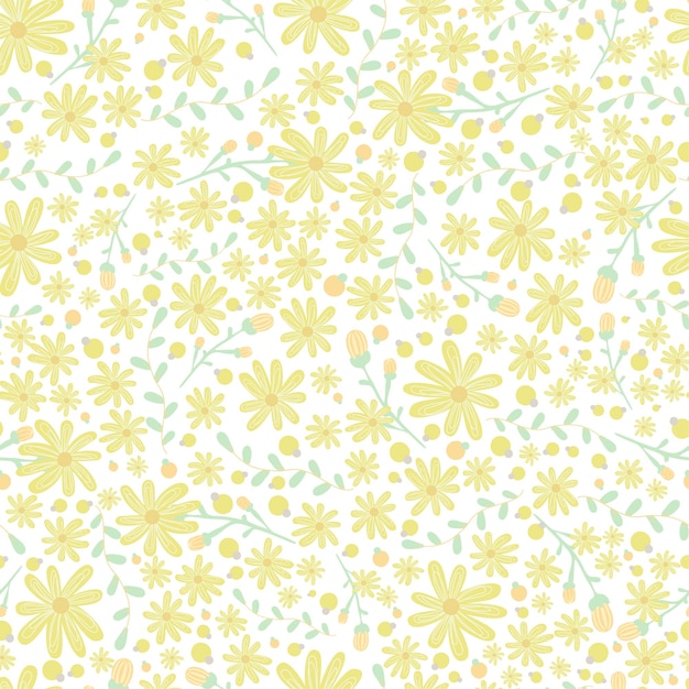 꽃 패턴입니다. 흰색 바탕에 예쁜 꽃입니다. 작은 노란색 꽃으로 인쇄합니다. 디티 프린트. 원활한 텍스처입니다. 귀여운 여름 꽃 패턴입니다. 세련된 프린터를 위한 우아한 템플릿