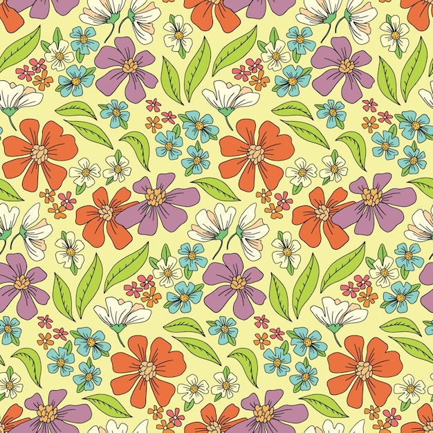 Floral pattern in retro style Mix of different flowers and leaves with an outline Seamless pattern hippie print in vector