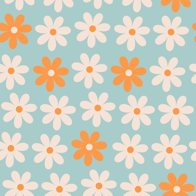 Floral pattern in the style of the 70s with groovy daisy flowers Retro floral naive vector design Style of the 60s 70s 80s