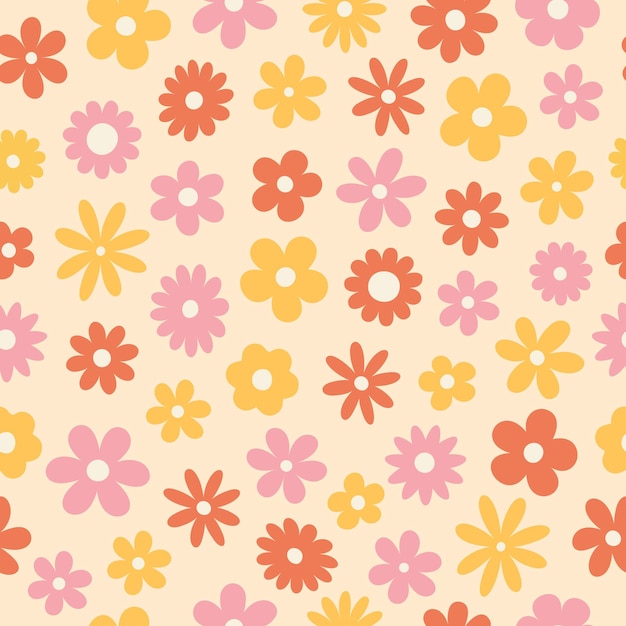 그루비 데이지 꽃과 함께 70년대 스타일의 플로랄 패턴 레트로 플로럴 벡터 디자인