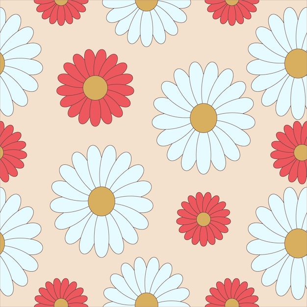 Floral Vector Background With Vintage Groovy Daisy Flowers