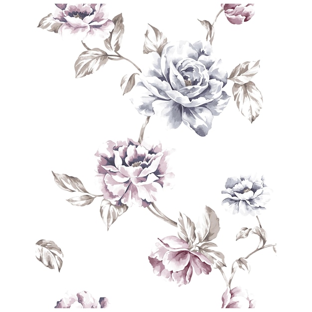 A floral pattern with pink and purple flowers on a white background.