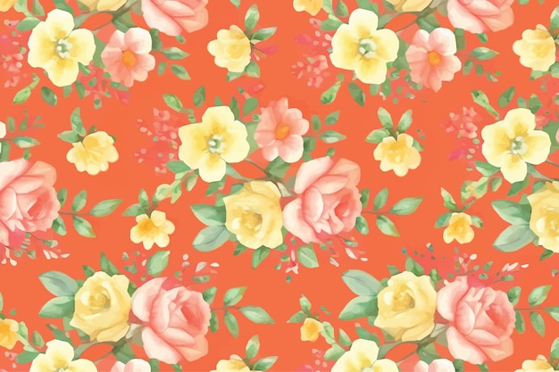 A floral pattern with yellow and pink roses on an orange background.