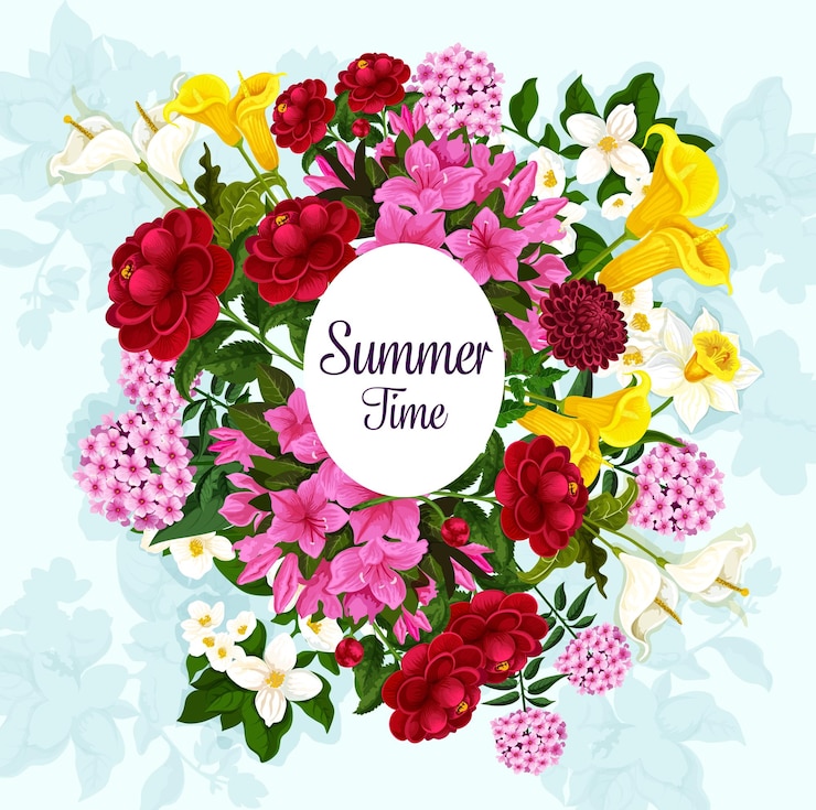 Vector floral poster of garden blooming flowers