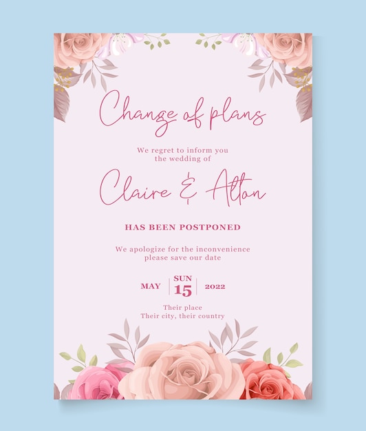 floral postponed wedding card design