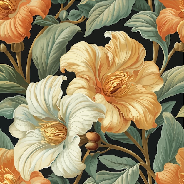 a floral print with orange flowers and green leaves