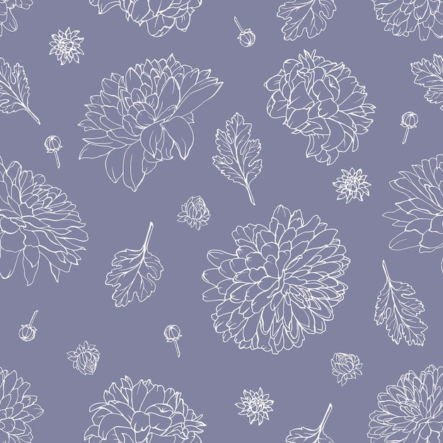 Floral purple seamless pattern with outline flowers chrysanthemums.