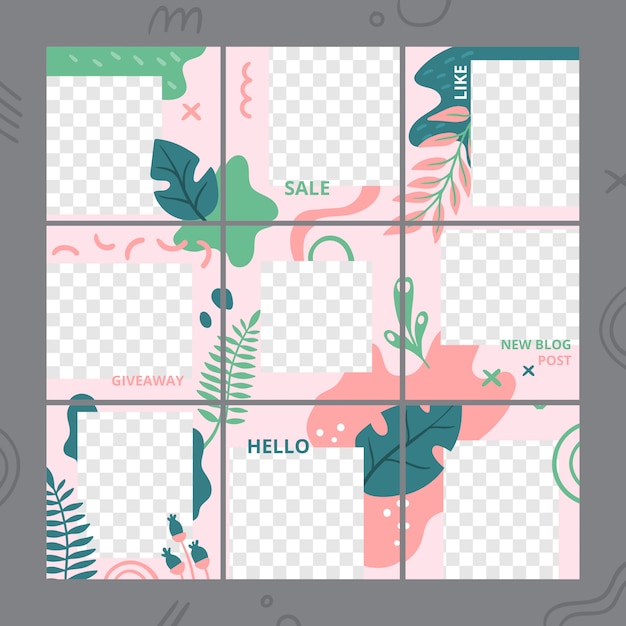 꽃 퍼즐 템플릿입니다. 소셜 미디어 사진 프레임 게시물 트렌드, 정원 식물 게시물 그리드 및 꽃 디자인 서식 파일 벡터 세트
