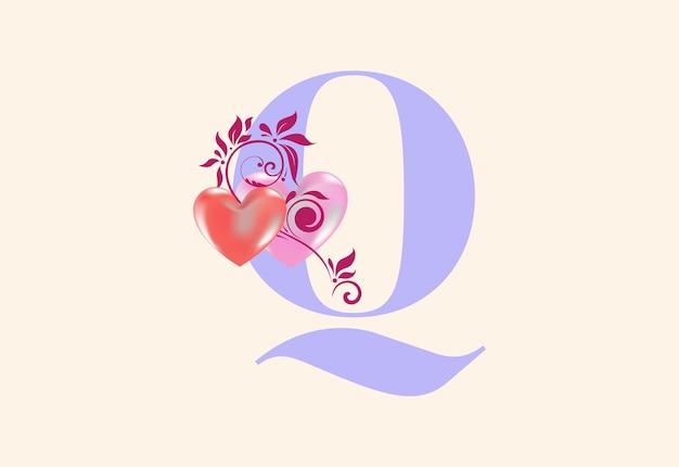 Lettera monogramma q floreale con segno del cuore alfabeto iniziale con elementi botanici