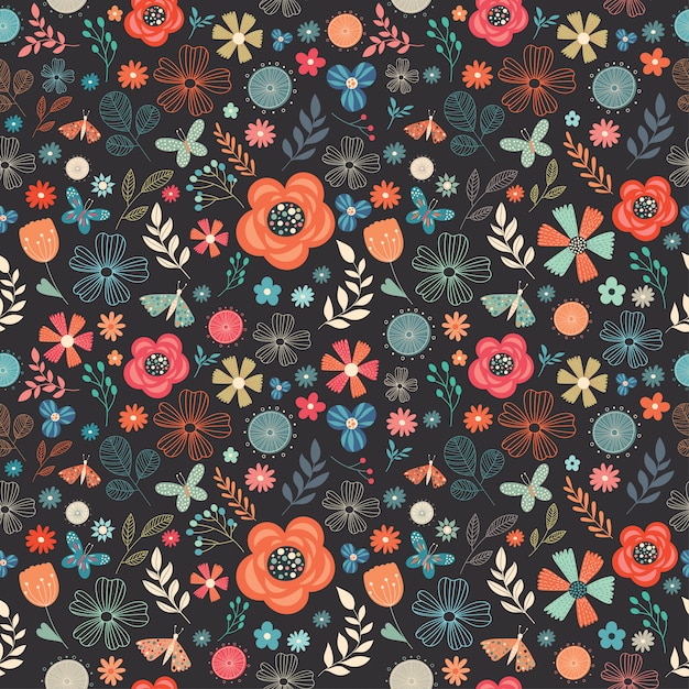 floral retro seamless pattern with different flowers, butterflies and plants 