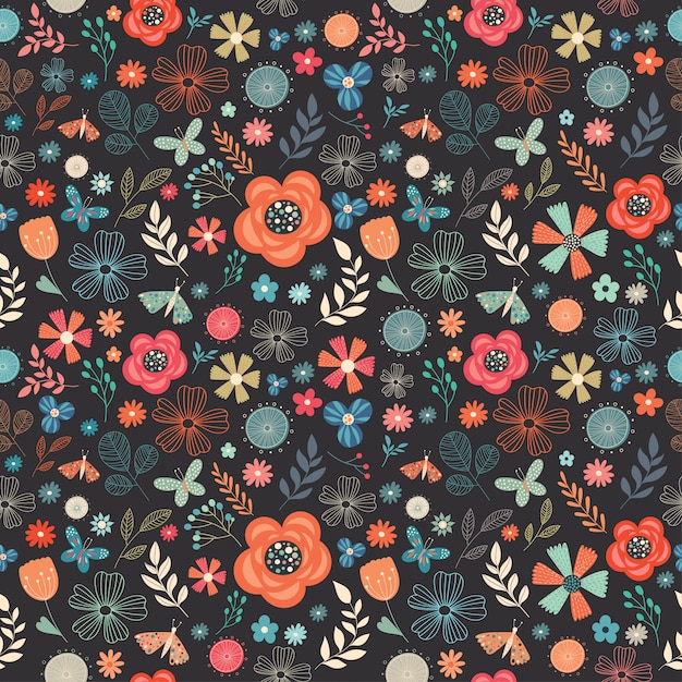 Floral retro seamless pattern with different flowers, butterflies and plants 