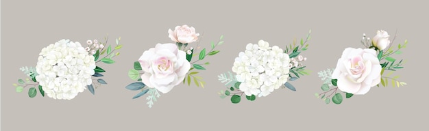 Вектор Цветочные романтические букеты бело-розовая роза цветок гортензии