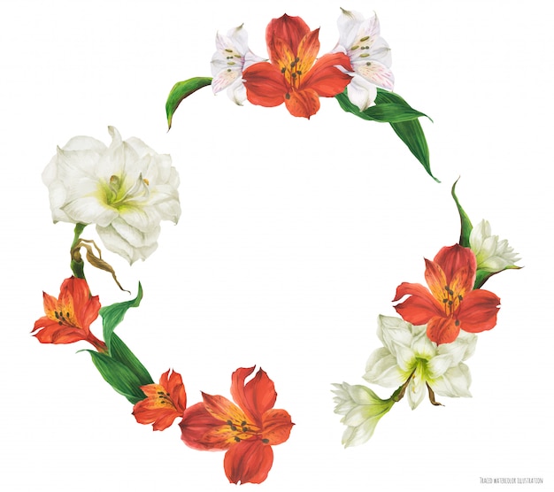 Floral ronde frame met rode en witte lelie bloemen