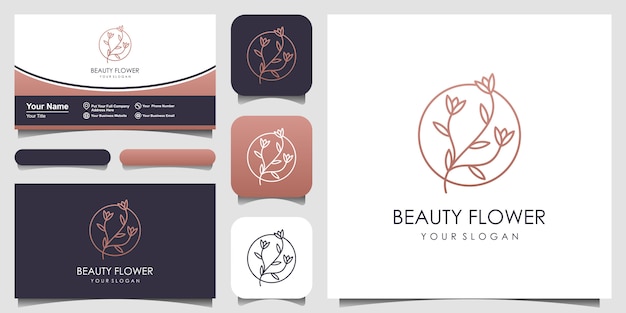 Floral rose with line art style logo and business card design