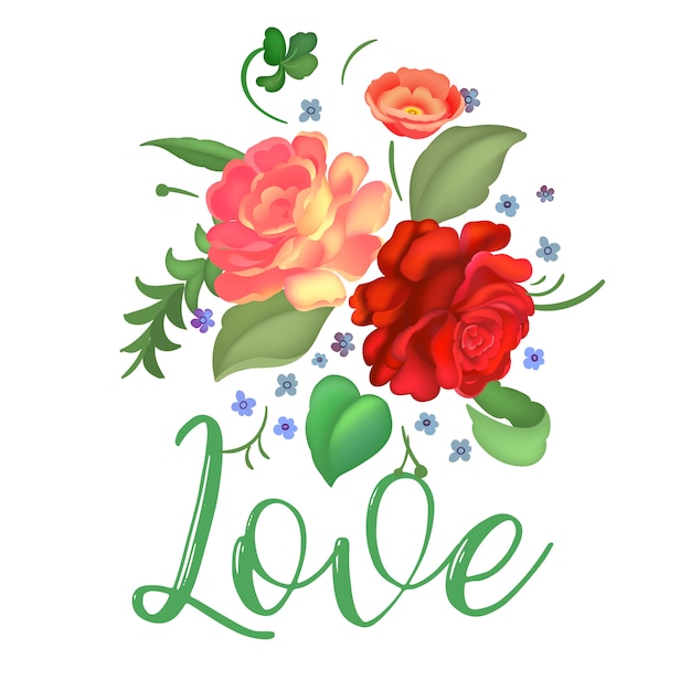 Vector floral roses with love you text