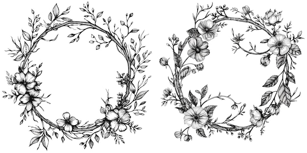 花の丸い黒と白の 枝の葉と花のフレーム