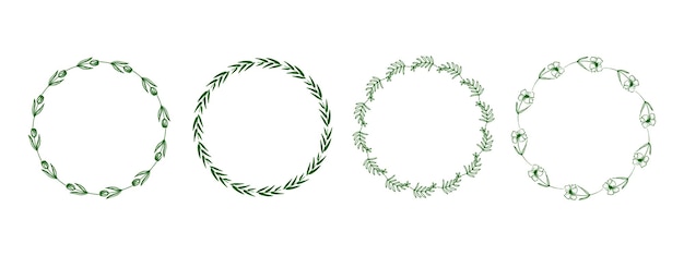 Set vettoriale di bordi rotondi floreali circolo di ramoscelli verdi illustrazione di cornice disegnata a mano foglie di ghirlanda disegnate a mano