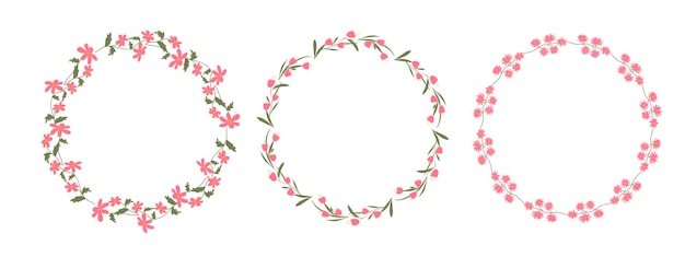 Set vettoriale di bordi rotondi floreali fiori rosa e ramoscelli verdi illustrazione a cornice disegnata a cerchio ghirlande romantiche disegnate a mano