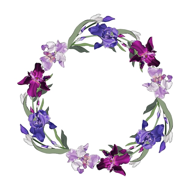 Floral round frame of colorful flowers irises and green leaves