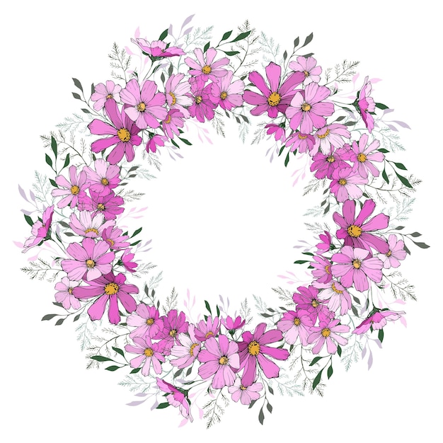 Floral round frame with pink cosmos flower.