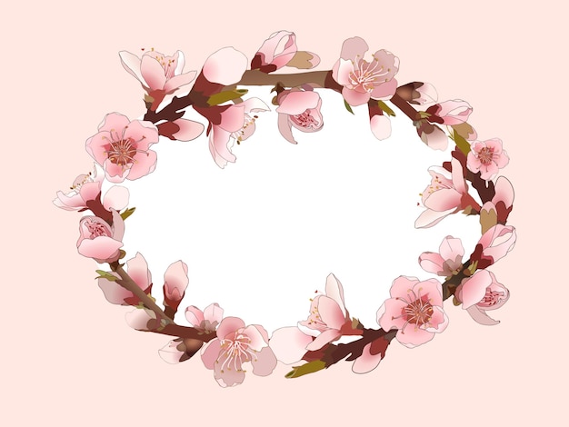 Vector floral round frame with sakura pink flowers