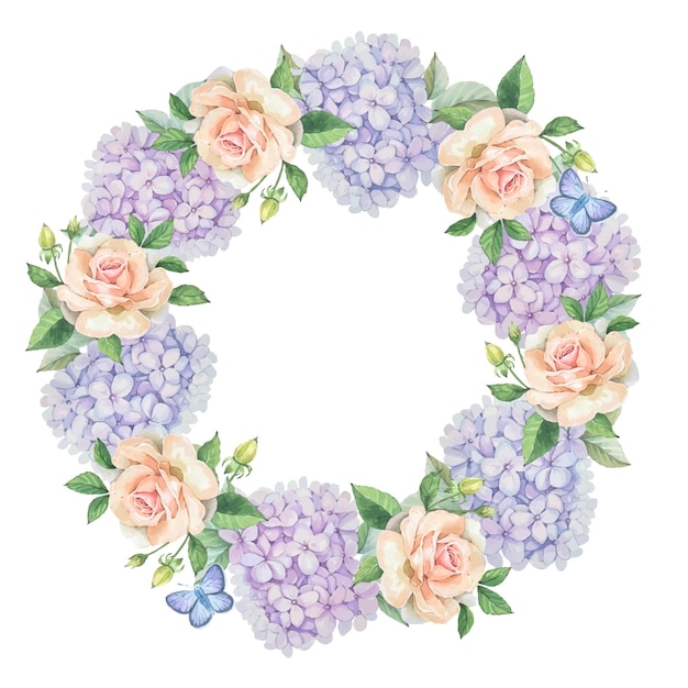Вектор Цветочный круглый венок с фиолетовыми гортензиями, нежными розами, листьями акварели