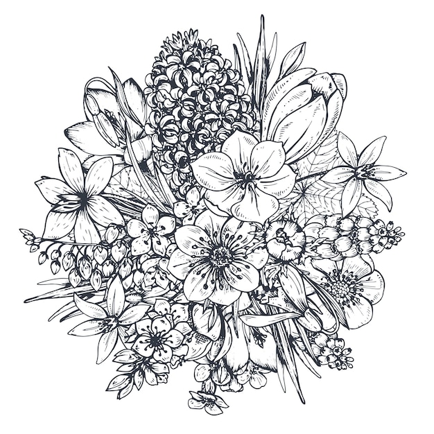 Floral samenstelling. boeket met hand getrokken lentebloemen en planten. monochroom