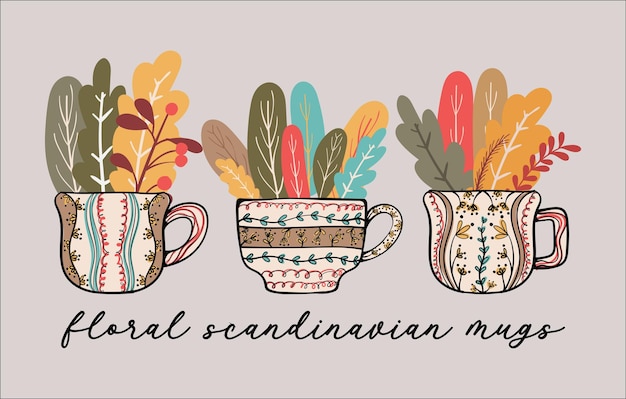 Floral Scandinavian Mugs Retro Style Coffee and Tea Cups Vector Illustration 03