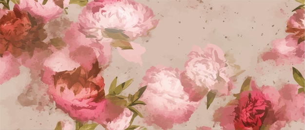 Vector floral seamless drawings rose flowers or peonies hydrangeas pink flowers on beige background