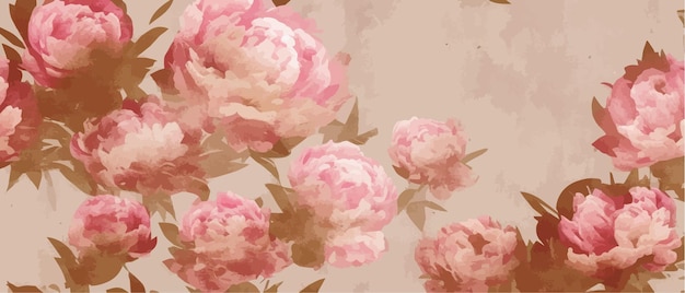 Vector floral seamless drawings rose flowers or peonies hydrangeas pink flowers on beige background