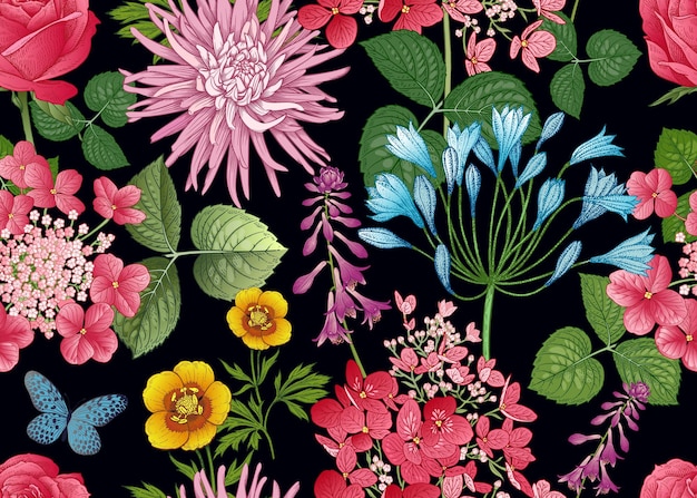 Floral seamless pattern Asters and hydrangeas