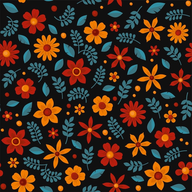 Floral Seamless Pattern on Black Background. Vector
