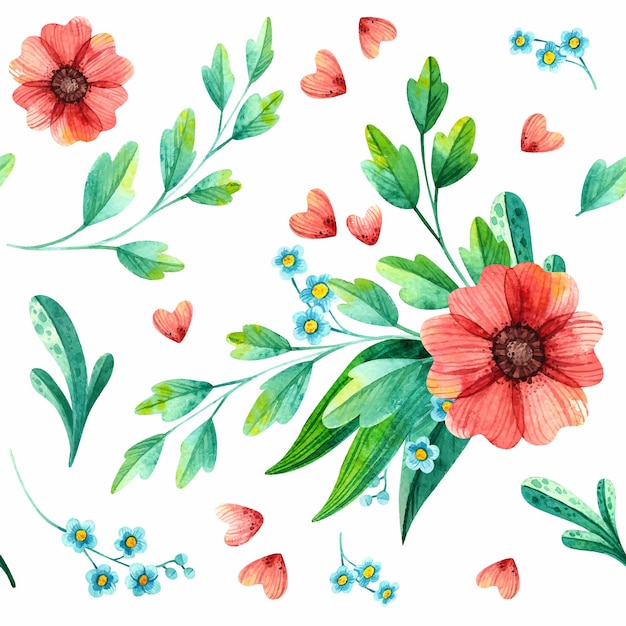 花のシームレスなパターン、植物の水彩画。
