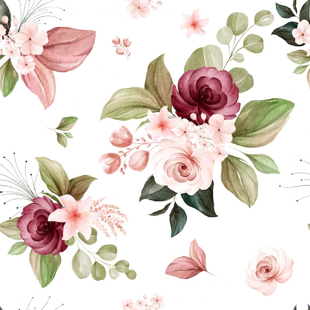 Floral seamless pattern of brown and burgundy watercolor roses and wild flowers arrangements