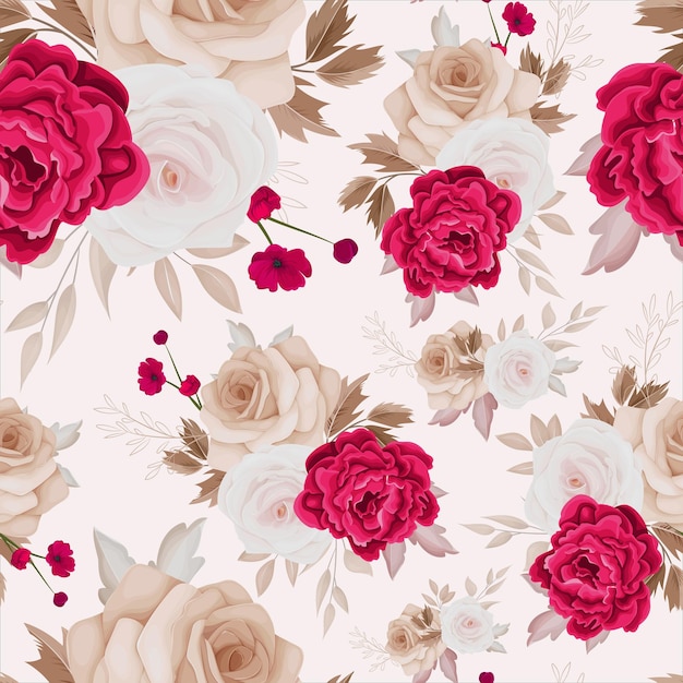 Floral seamless pattern of brown and maroon roses and leaves arrangements