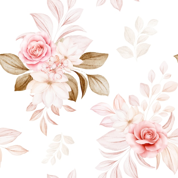 Floral seamless pattern of brown and peach watercolor roses and wild flowers arrangements